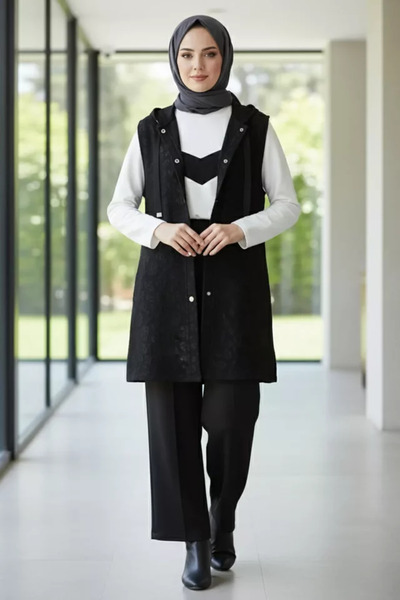 TOZLU Hooded Vest Tunic Pants Hijab Triple Set
