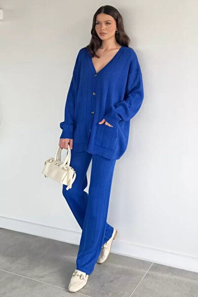 TOZLU Women's Front Buttoned Self-Line Patterned Knitwear Cardigan Trousers T...