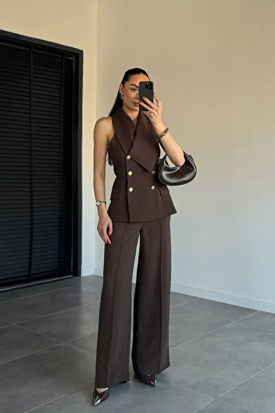 TOZLU Perry Women's Gold Detailed Vest and Pants Two-Piece Set