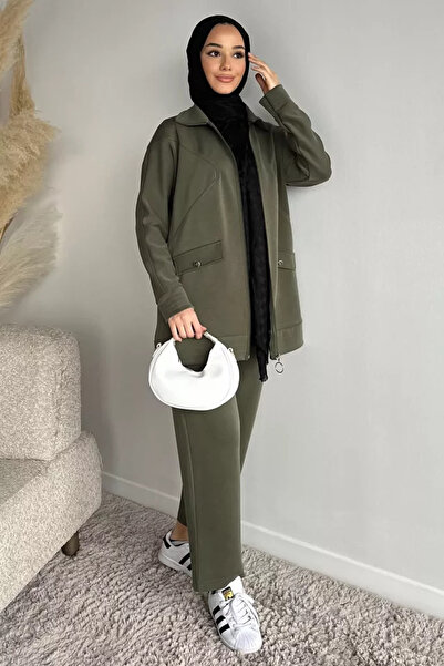 TOZLU Front Zippered Tunic, Elastic Waist Pants, Islamic Clothing Double Set