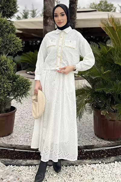 TOZLU Women's Tassel Detailed Pearl Buttoned Scalloped Hijab Shirt Skirt Doub...