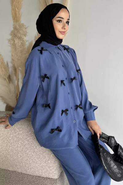 TOZLU Women's Bow Detailed Hijab Shirt and Pants Two-Piece Set