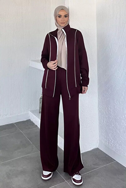 TOZLU Front Zipper Striped Tunic with Elastic Waist Pants, Islamic Clothing T...