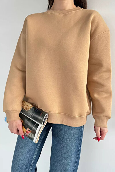 TOZLU Women's Three Thread Ribbed Crew Neck Sweatshirt