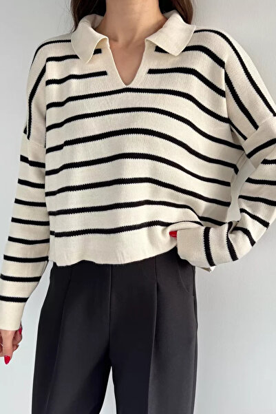 TOZLU Women's Shirt Collar Striped Knitwear Blouse