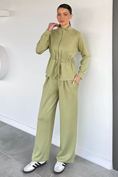 TOZLU Women's Waist Drawstring Belted Sweat Pants Double Set
