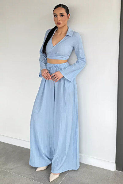 TOZLU Double-Breasted Collar, Waist Tie, Blouse and Trousers Two-Piece Set