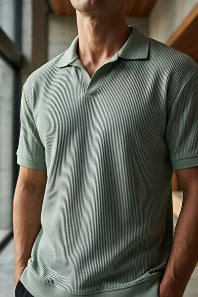 TOZLU Men's Polo Neck T-Shirt with Self-Line Pattern