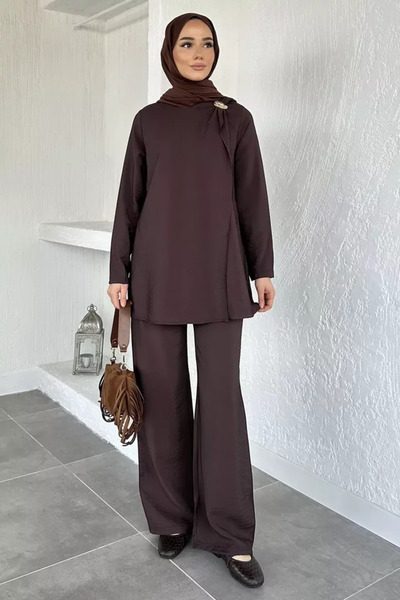 TOZLU Gold Accessory Belted Tunic Elastic Waist Pants Islamic Clothing Double...