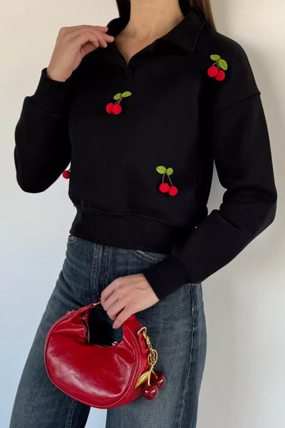 TOZLU Women's Three-Thread Embroidered Cherry Sweatshirt