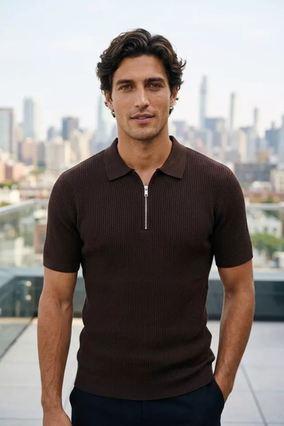 TOZLU Men's Patterned Polo Collar Half-Zip Knitwear T-Shirt