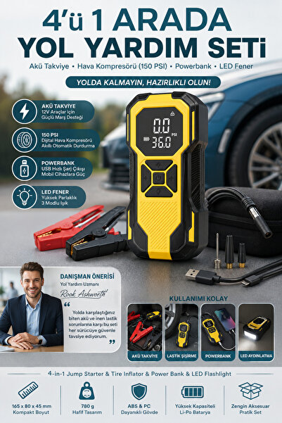 Transformacion 4'ü 1 Arada Akü Takviye Cihazı Jump Starter 150 PSI Dijital Ot...