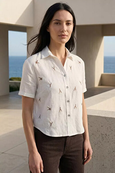 TOZLU Women's Embroidered Linen Shirt