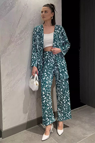 TOZLU Women's Patterned Kimono Pants Double Set
