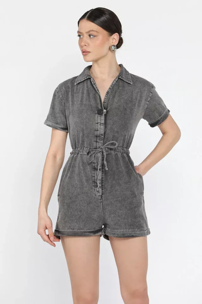 TOZLU Jean Denim Overalls with Folded Sleeves and Waist Tie