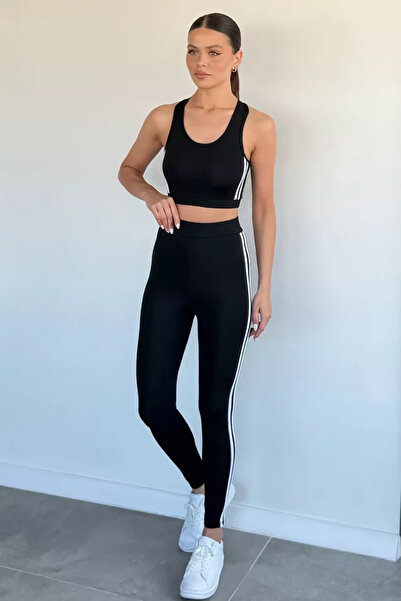 TOZLU Women's Stripe Detailed High Waist Sports Leggings Crop Bustier Double Set