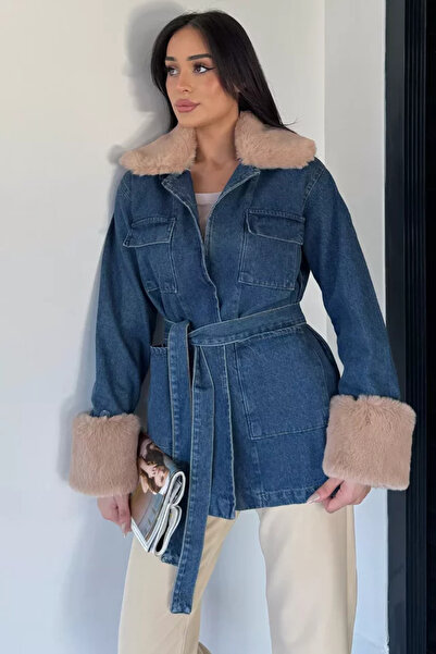 TOZLU Women's Collar Sleeve Fur Detailed Jean Denim Jacket