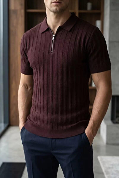 TOZLU Men's Polo Collar Half Zip Knitwear T-Shirt