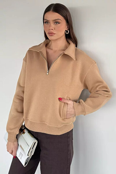 TOZLU High Collar Half Zipper Embroidered Women's Sweatshirt