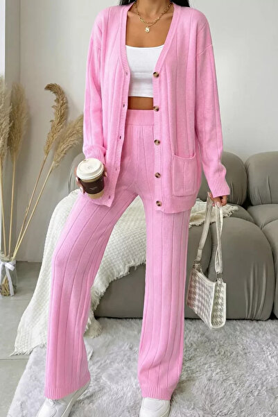 TOZLU Women's Front Buttoned Self-Line Patterned Knitwear Cardigan Trousers T...
