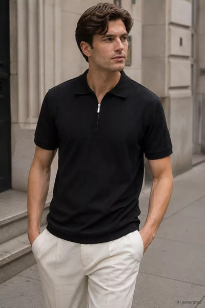 TOZLU Men's Polo Collar Self-Patterned Front Half Zipper T-Shirt