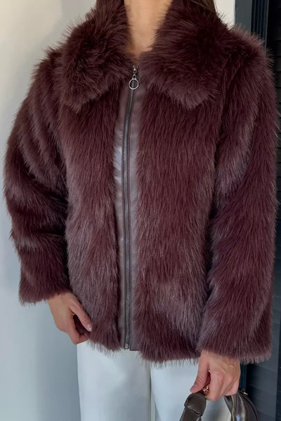 TOZLU Women's Front Zipper Fringed Fur Coat
