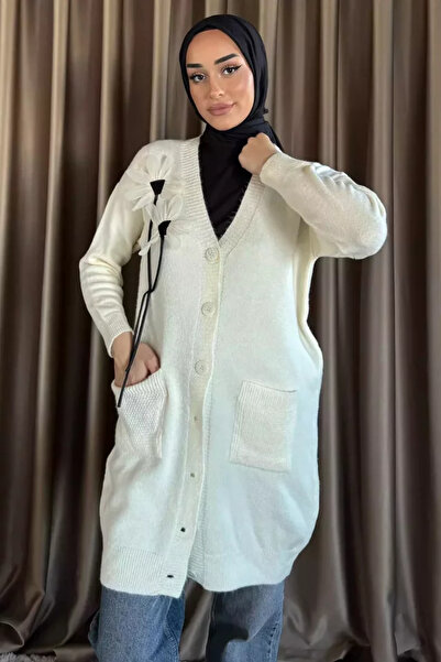 TOZLU Women's Hijab Cardigan with Pockets and Floral Detail