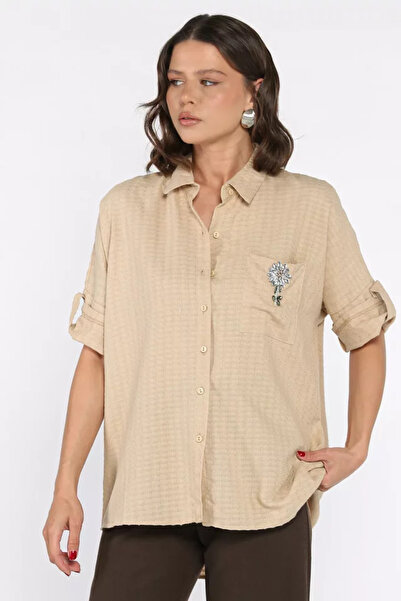 TOZLU Women's Floral Accessory Pocketed Casual Shirt