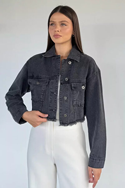 TOZLU Women's Double Pocket Back Print Detailed Jean Denim Jacket