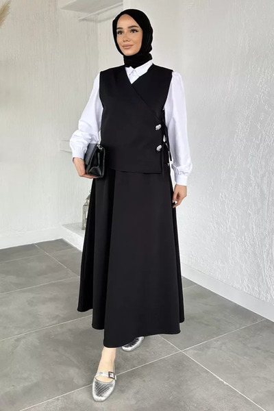 TOZLU Elastic Waist Skirt, Stoned Vest, Hijab Three-Piece Set