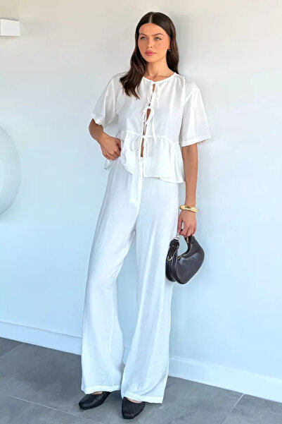 TOZLU Women's Front Tie Blouse Palazzo Pants Double Set