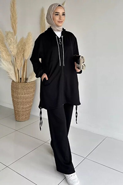 TOZLU Front Zippered Hooded Tunic with Elastic Waist Pants, Islamic Clothing ...