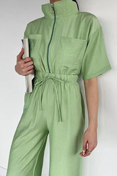 TOZLU Half Zipper Elastic Waist Short Sleeve Jumpsuit