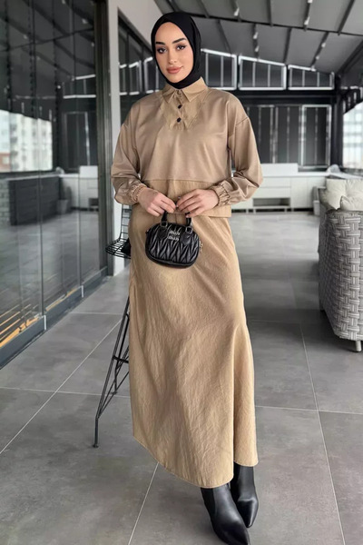 TOZLU Elastic Waist, Parachute Trim, Collar Snap Detail, Blouse Skirt, Hijab,...
