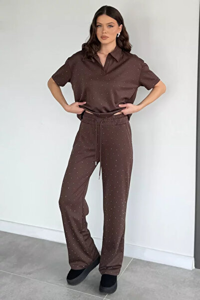 TOZLU Polo Collar Stone Detailed Tracksuit Set