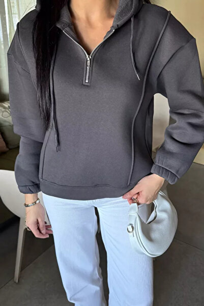 TOZLU Half-Zip Three-Thread Ribbed Women's Sweatshirt