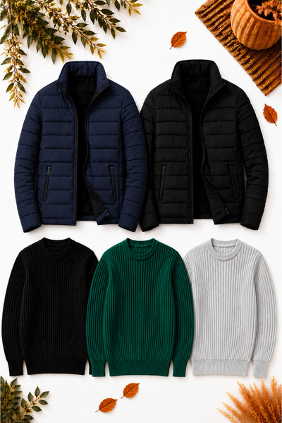 legends butik Erkek 5’li Kışlık Kombin Seti – 2 Kapitone Fermuarlı Mont + 3 B...