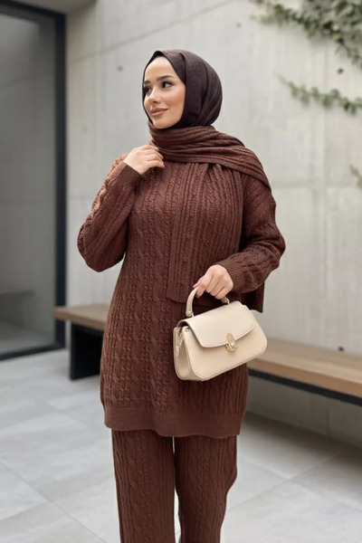 TOZLU Hair Braided Scarf Tunic Trousers Hijab Knitwear Three-Piece Set