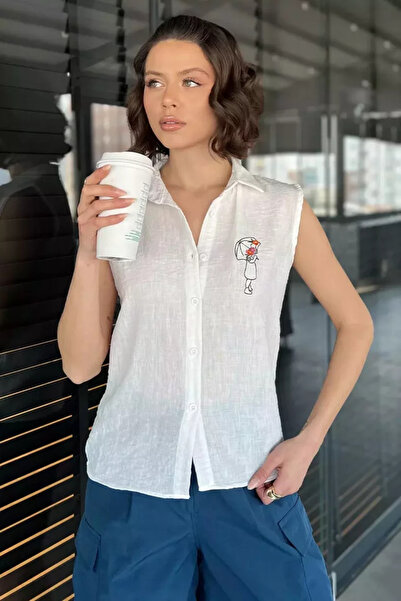 TOZLU Embroidered Sleeveless Women's Linen Shirt