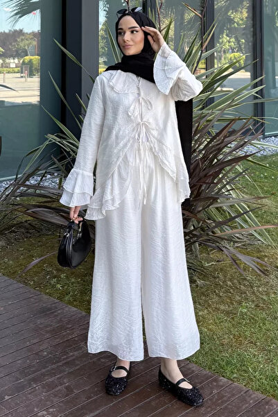 TOZLU Elastic Waist Pants, Ruffled Jacket, Hijab, Two-Piece Set