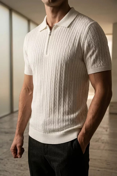 TOZLU Polo Collar Half Zipper Men's Knitwear T-Shirt