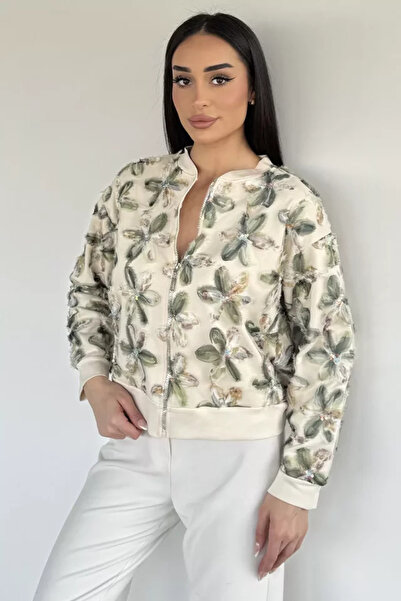 TOZLU Women's Tulle Floral Patterned Jacket Cardigan