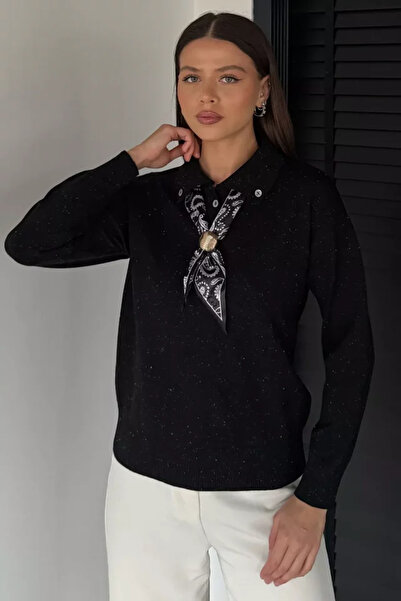 TOZLU Gülseli Women's Polo Collar Knitwear Blouse with Scarf and Brooch