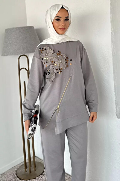 TOZLU Hijab Appliqué Embroidered Sweat Pants Double Set