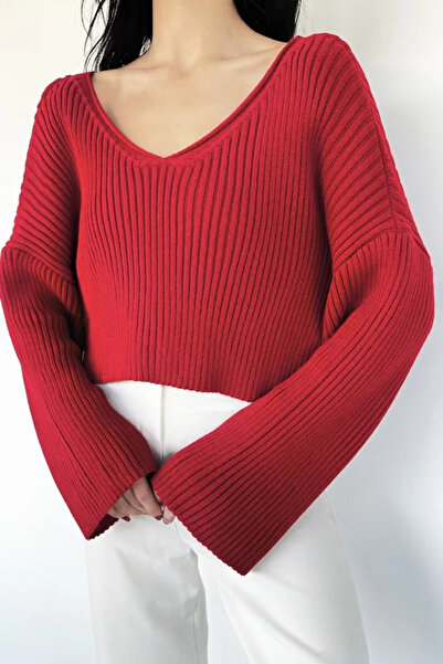 TOZLU V-Neck Crop Top Loose Knit Blouse