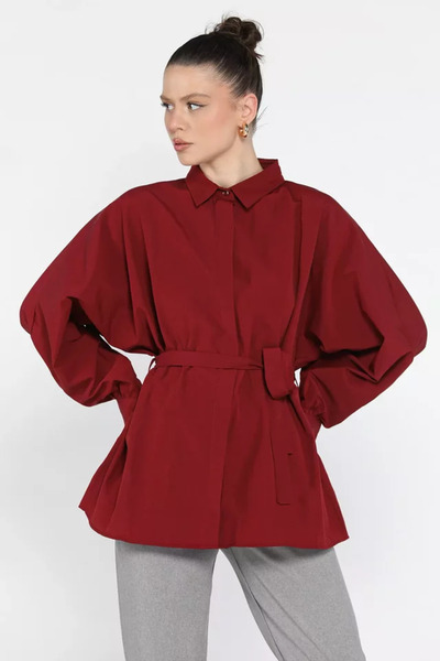 TOZLU Women's Loose Shirt with Waist Belt Detail
