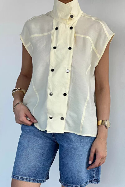 TOZLU Women's Front Snap Collar Sleeveless Shirt