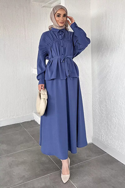 TOZLU Hijab Drawstring Detailed Waist Tie Tunic Skirt Double Set