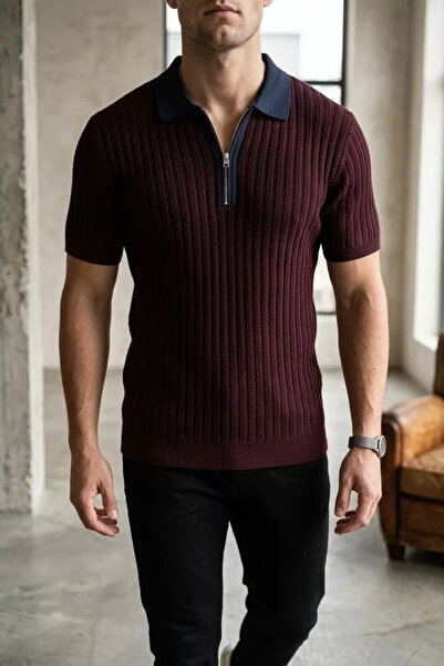TOZLU Men's Polo Collar Half Zipper Patterned Knitwear T-Shirt