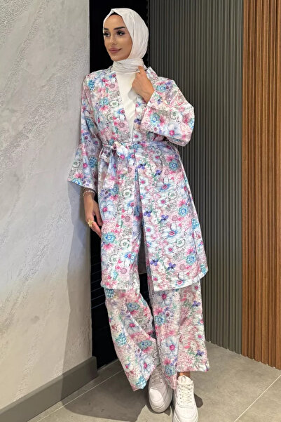 TOZLU Floral Patterned Kimono Pants Hijab Double Set